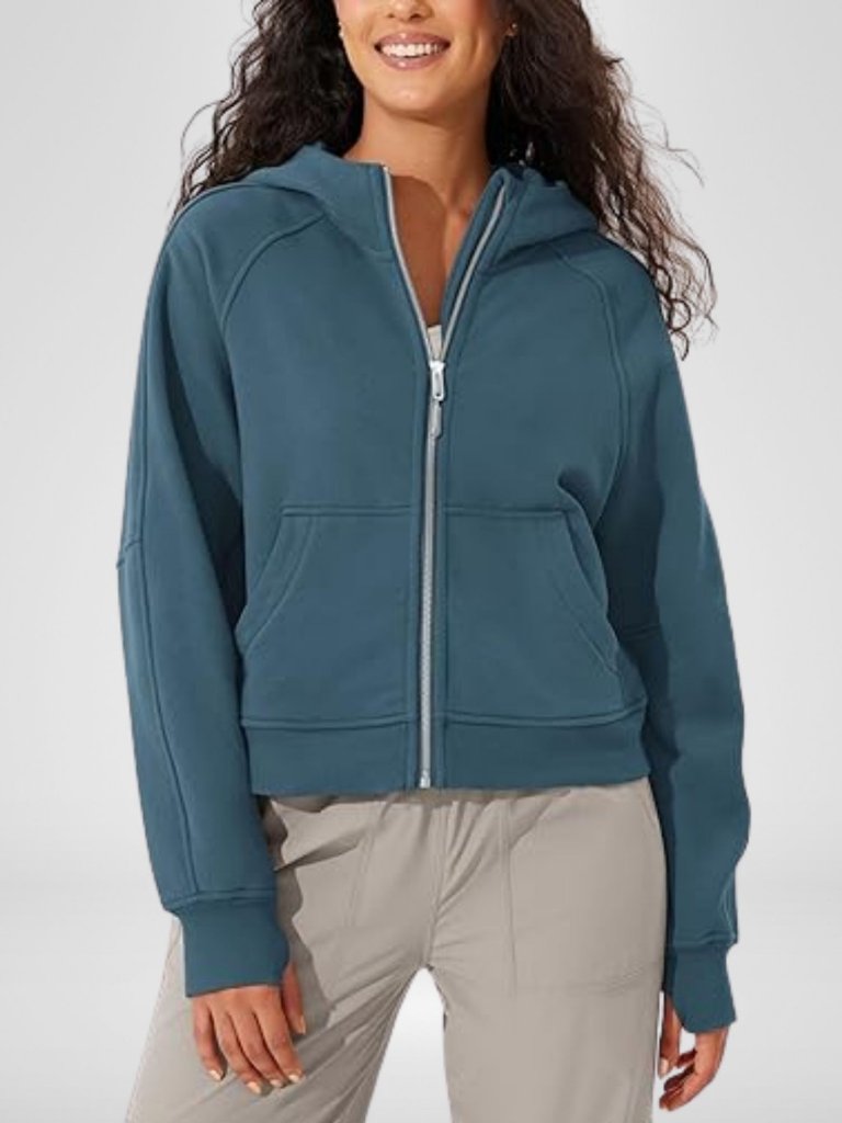 Medium Oversized Cropped Blue Fleece Zip Up Hoodie Long Sleeve Sweatshirt Jacket